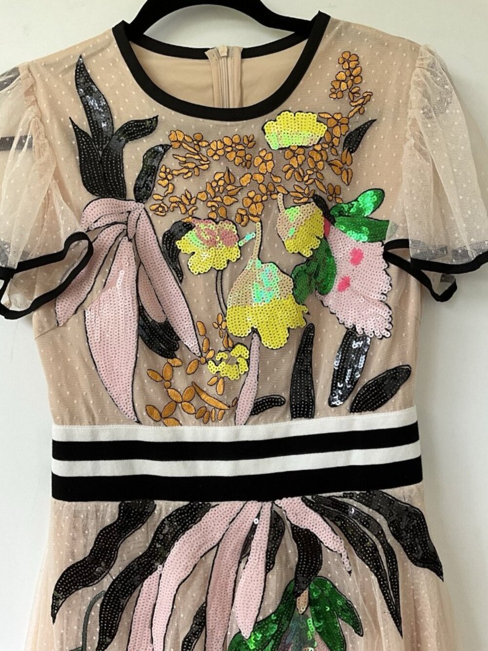 Unbranded  Midi Dress Embroidered Floral Tulle Sequin Flutter Sleeve M - Picture 6 of 6